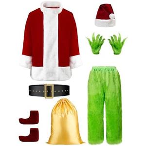 YAOGEG Christmas Santa Costumes Adult Funny Cosplay 8pcs Green Santa Costume,Men's Luxury Velvet Santa Claus Costume for Men
