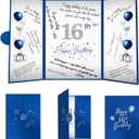 Crenics 16th Birthday Decorations for Boy or Girls, Creative 16th Birthday Guest Book Alternative, Blue and Silver 16 Birthday Signature Book 18 x 12 inch, Great Sweet 16 Birthday Gifts