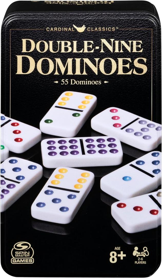Spin Master Games, Cardinal Classics Double Nine Dominoes Set in Storage Tin, Dominoes for Kids & Adults, Classic Game, 2-6 Players, for Ages 8 & Up
