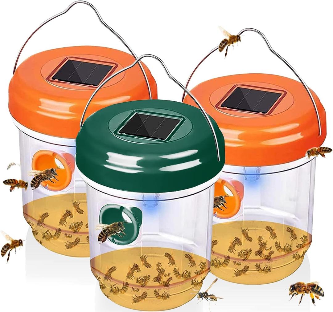 Wasp Traps for Hunting Wasps, Bees, Hornets, Insects, Yellow Jacket Traps, Wasp Trap Catcher, Reusable Solar Powered Hanging for Outdoor, 3 Packs