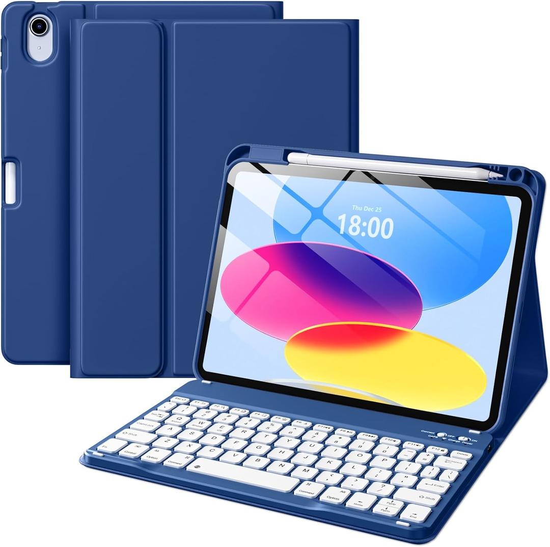 Wenlaty for iPad (A16) 11th/10th Generation Case with Keyboard - Detachable Wireless, Thin & Light Folio Keyboard Cover with Pencil Holder, for iPad 11-inch 11th 2025/10.9-inch 10th 2022, Navy Blue