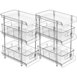 2Set 3 Tier Clear Bathroom Organizer with Dividers, Pull-Out Pantry Organization and Storage, Multi-Purpose Under Sink Organizers and Storage, Vanity Skincare Cosmetic Closet Organizer Medicine Bins (Transparent)