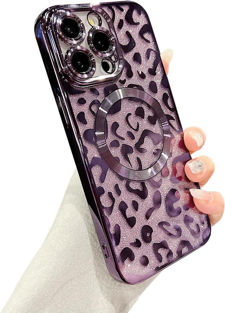 ZONRW for iPhone 15 Pro Max Case Magnetic,Soft Cute Luxury Leopard Cheetah Pattern Plating Glitter Bling Phone Case Compatible with MagSafe Clear Shockproof Back Cover for Women Girl 6.7"-Purple
