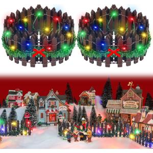 Spiareal 4 Pcs 35 Inch Christmas Village Accessories Christmas Village Fence Xmas Miniature Wood Decorative Garden Picket Fence with 4 Pcs 9.84 ft LED Light Dollhouse Landscape (Brown)