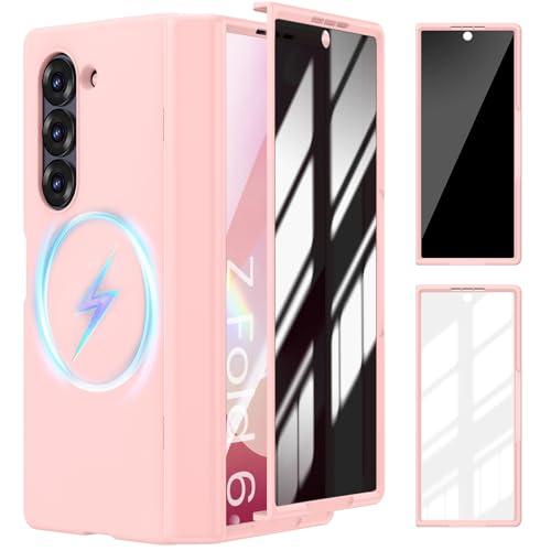 Goton Magnetic for Samsung Galaxy Z Fold 6 Case with Privacy Screen Protector + HD Screen Protectors, [Compatible with MagSafe] Full Body Shockproof Slim Cover with Hinge Protection, Pink