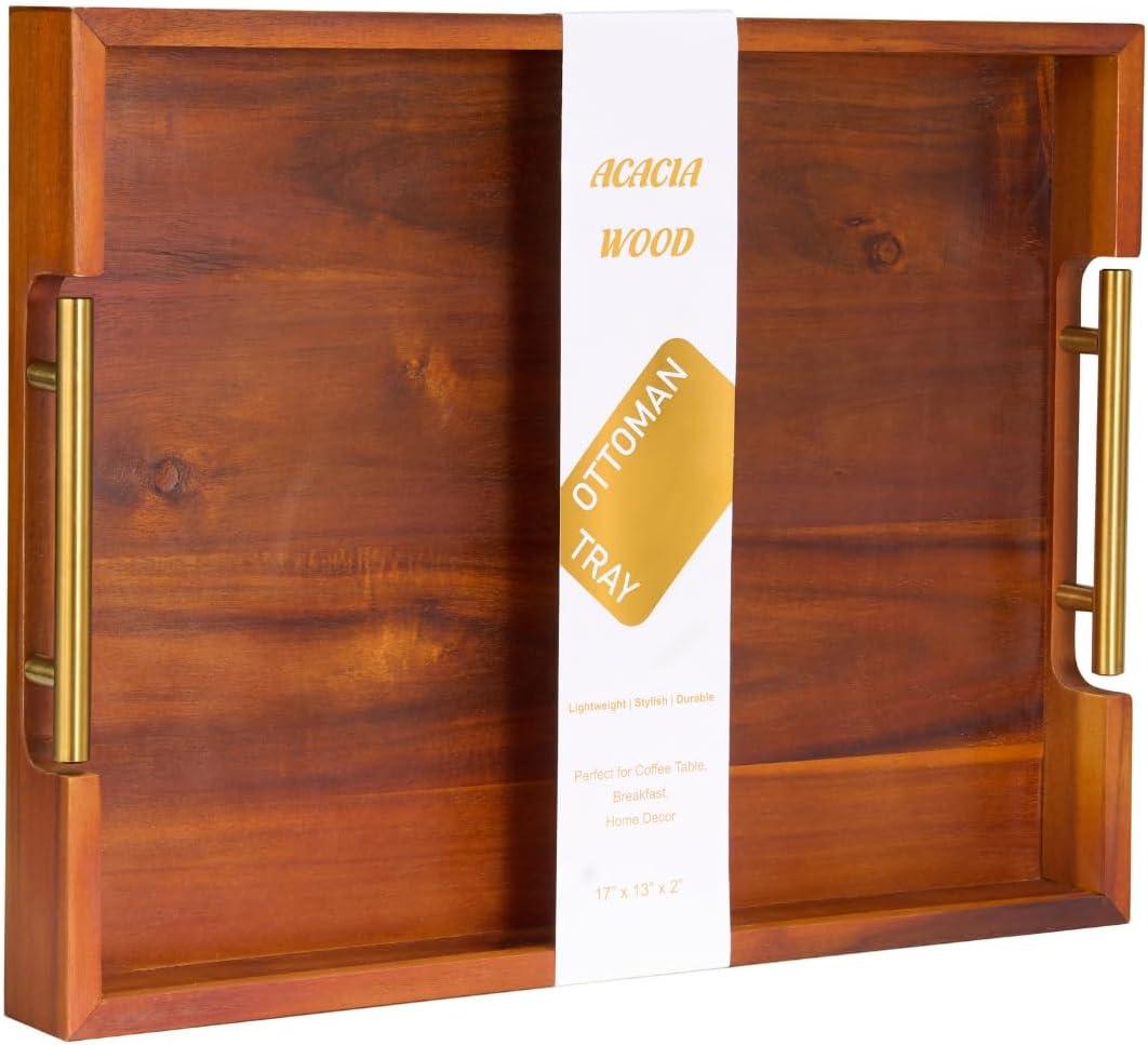 Premium Acacia Wood Ottoman Tray, 17x13 inches Large Serving Tray, Decorative Coffee Table Tray with Metal Handles, Ideal for Breakfast in Bed, Appetizers, Kitchen & Living Room Decor