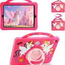 HianDier for iPad 5th/6th Generation Case, for iPad Air 1st/2nd Gen, for iPad Pro 9.7 Inch Case Kids Girls Cute Unicorn with Detachable Strap and Rotatable Stand Shockproof Tablet Cover-Barbie Pink