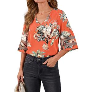 LookbookStore Women's V Neck Mesh Panel Blouse 3/4 Bell Sleeve Loose Top Shirt (M)