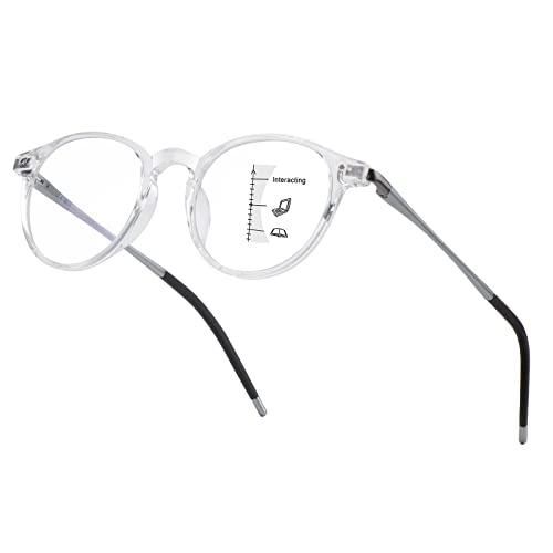 KISDATE OPTICS Exquisite Ultra-light Progressive Multifocus Reading Glass Women Blue Light Blocking Multifocal Readers with Anti EyeStrain/UV Spring Hinge(Mid-Near Range 3ft,Top is Not 0) 2.0 Clear