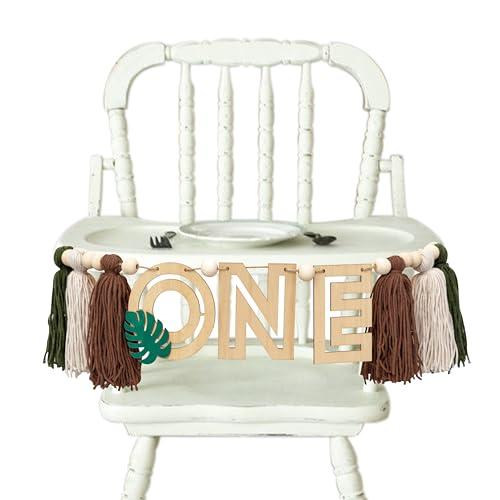 VANGNING Wild One High Chair Banner - Jungle Safari Birthday HighChair Yarn Tassel, Cake Smash Backdrop, Tropical First Birthday Wood Banner