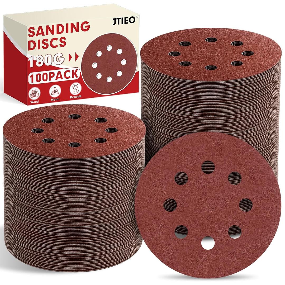 JTIEO 100PCS Sanding Discs 5 Inch, 180 Grit Orbital Sander Pads, Hook & Loop Sandpaper Pads, 8 Hole Round Sanding Discs for Random Orbital Sanders