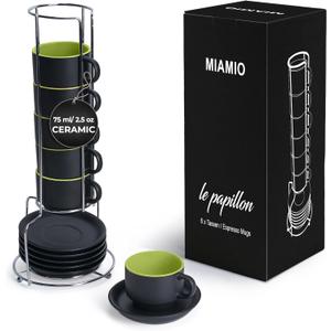 MIAMIO - 2.5 oz Espresso Cup Set with Saucers Set of 6 - Ceramic Coffee Mug Stackable Espresso Mug with Stand for Coffee Drinks, Latte, Cafe Mocha - Le Papillon Collection (Green)