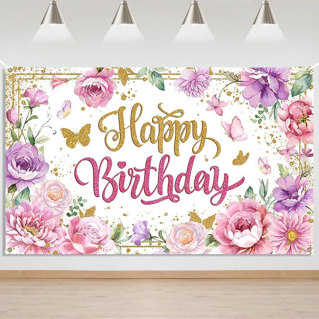 Mocsicka Happy Birthday Backdrop for Women Pink Floral Happy Birthday Party Decorations Purple Flower Glitters Birthday Banner 70.8 x 43.3 Inch