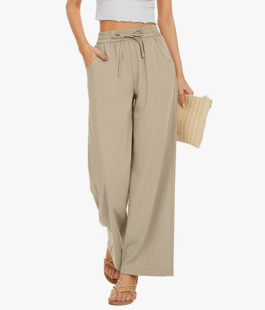Women Flowy Pants Drawstring Waist Wide Leg Palazzo Beach Pants Loose Fit with Pockets S