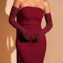 ChiaoLezhee Women's Bodycon Dress with Scarf & Gloves, Tube Ruched Slit Maxi Elegant Dress Set for Evening Party (Red, L)