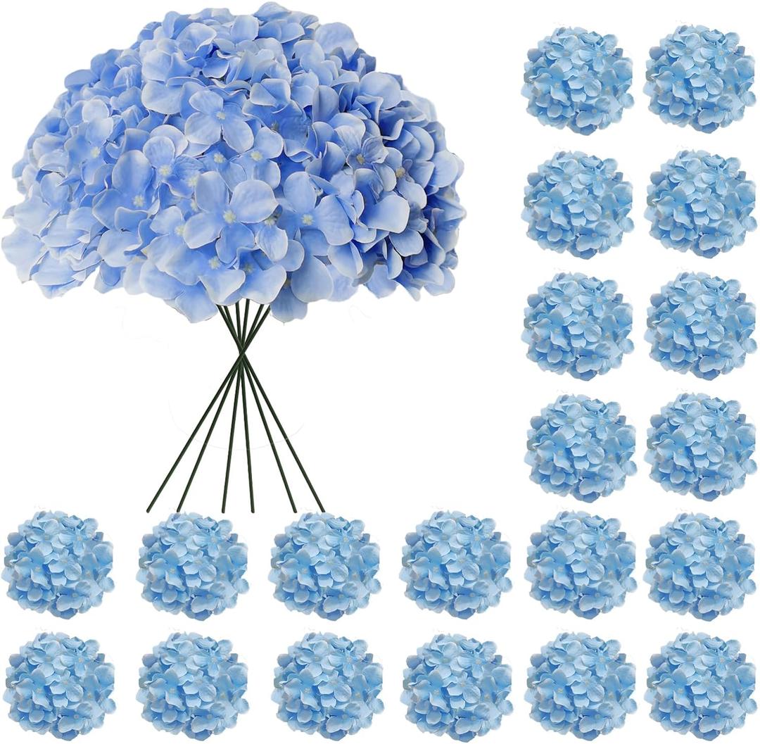 20 Pcs Blue Hydrangea Artificial Flowers Bulk, Faux Hydrangea Flowers Heads, Artificial Fake Silk Hydrangea Flowers with Stems, Blue Flowers Artificial for Decoration Wedding Dcor
