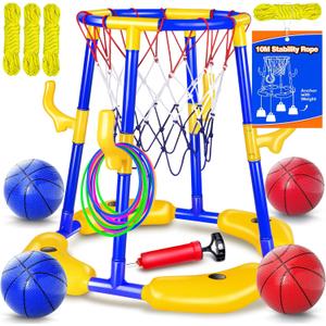 Pool Basketball Hoop Floating with Anti-Tip & Anti-Drift Design, Basketball & Ring Toss Pool Toys for Kids Ages 4-8, 8-12, Summer Outdoor Water Toys Pool Games for Adults and Family