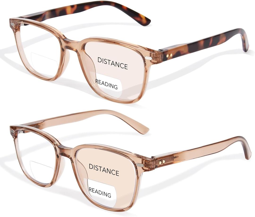 OPTOFENDY Bifocal Reading Glasses for Women, Blue Light Blocking Computer Readers with Spring Hinges, Retro Square Frame (Champagne+light Brown)