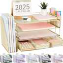 Desk Organizers and Accessories with File Holder, 4-Tier Desk Accessories & Workspace Organizers with Drawer and 2 Pen Holder, Paper Organizer for Office Supplies(Gold)