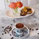Turkish Coffee Cups Set of 2 with Saucers and Cup Holder, Ceramic Espresso Cups, Perfect for Serving Arabic Coffee White & Blue Pattern