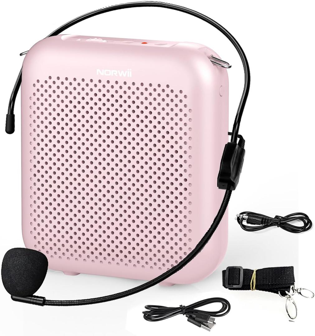 Norwii Bluetooth Voice Amplifier, Power Amplifiers, Portable Mini Wired Microphone Headset for Teacher Classroom & Outdoor Lectures, Teaching, Tour Guides, USB-C Rechargeable - 4000mAh, Pink