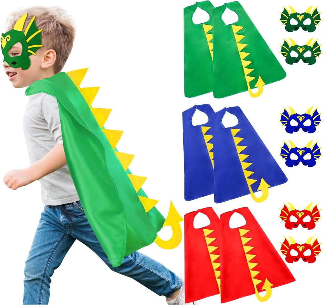 iROLEWIN Dinosaur-Capes-Costume for Kids Dragon Masks Dino-Party-Favors 6 Pack Toddlers Boys Dress-up Costumes Role Play Gift (Red Green Blue)