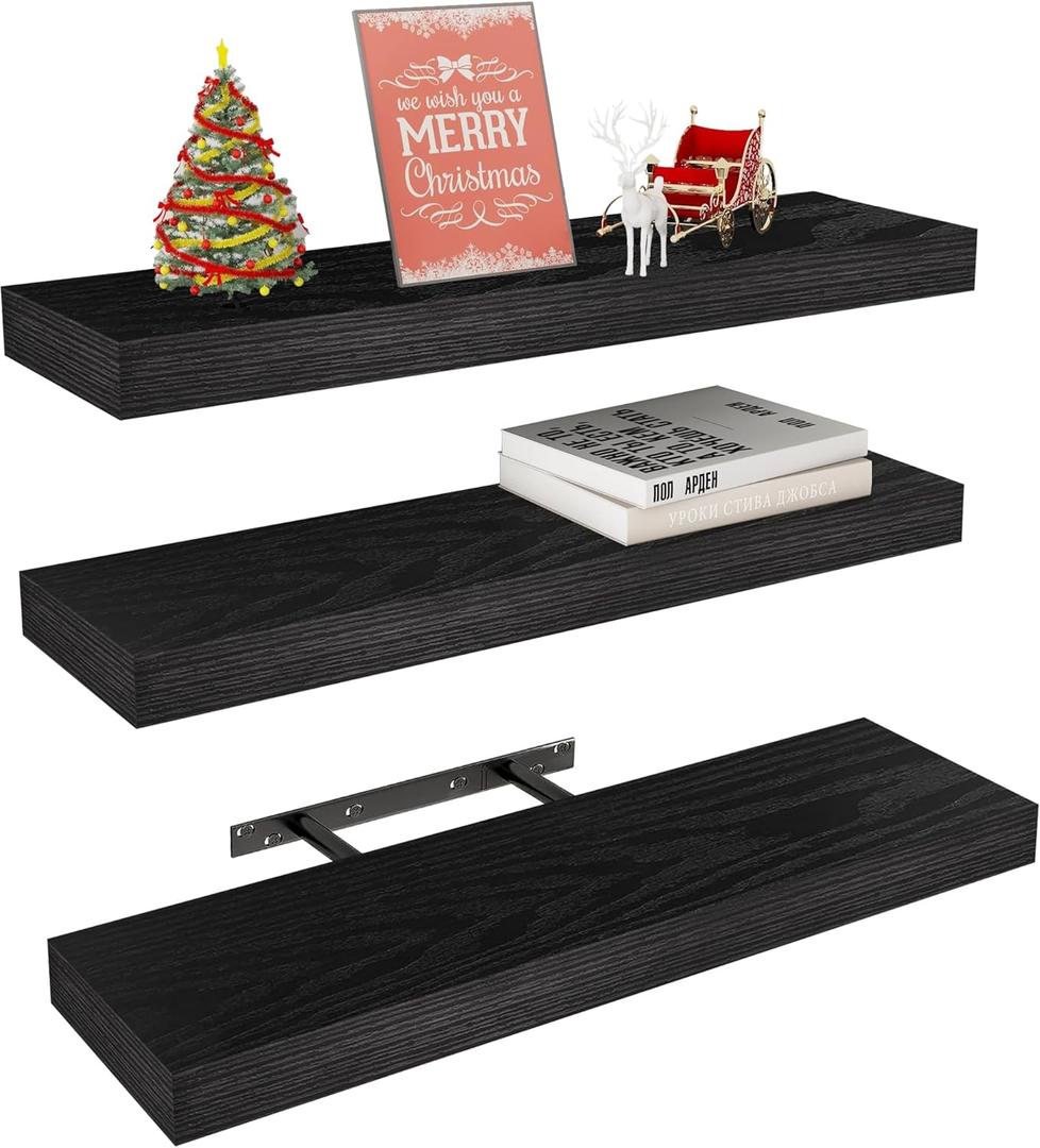 Vervida Black Floating Shelves for Wall, 24" Rustic Wood Deep Wall Mounted Shelves with Invisible Brackets for Wall Decor & Storage, Floating Shelf for Living Room, Bathroom (Set of 3)