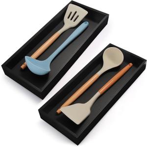 Bamboo Kitchen Drawer Organizer - Set of 2, Stackable Utensil Organizers, Wooden Storage Box Tray for Cabinet, Pantry, Bathroom Countertop, Multi-use Organization and Storage (Black) (15 x 6 x 2 Inch)