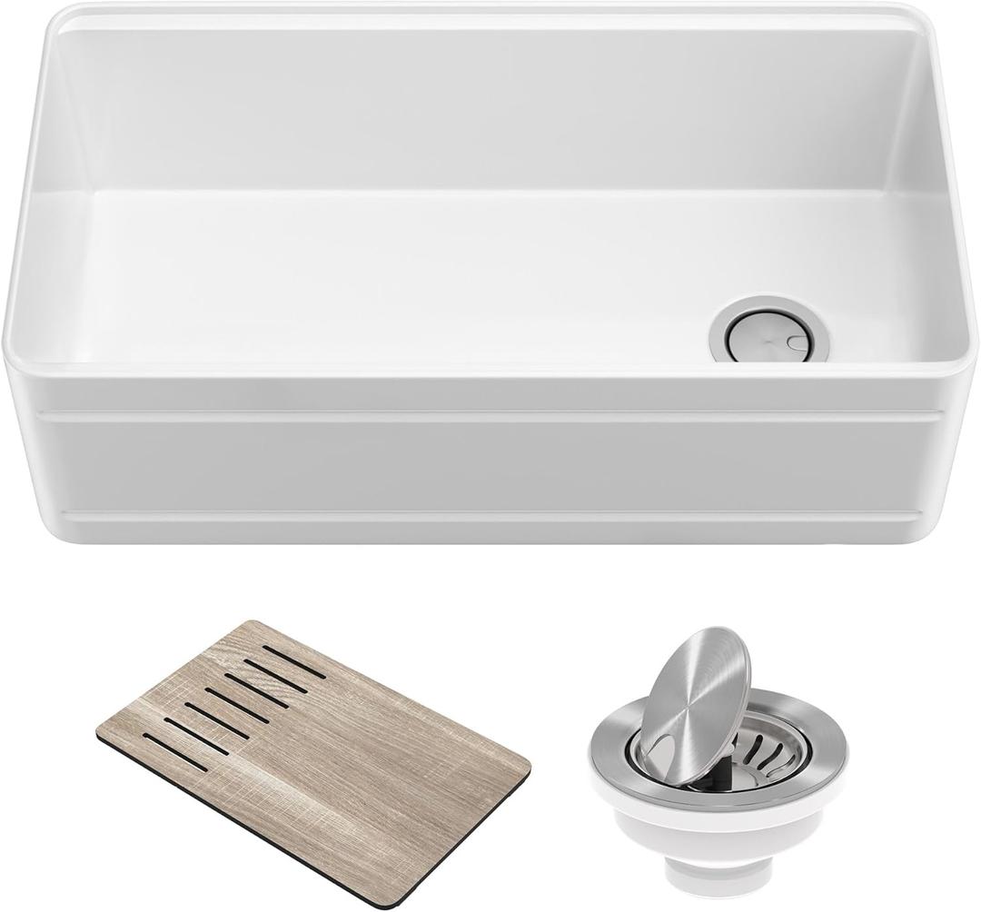 KRAUS Turino Workstation 33-inch Farmhouse Reversible Apron Front Fireclay Single Bowl Kitchen Sink with Accessories in Gloss White, KFR4-33GWH