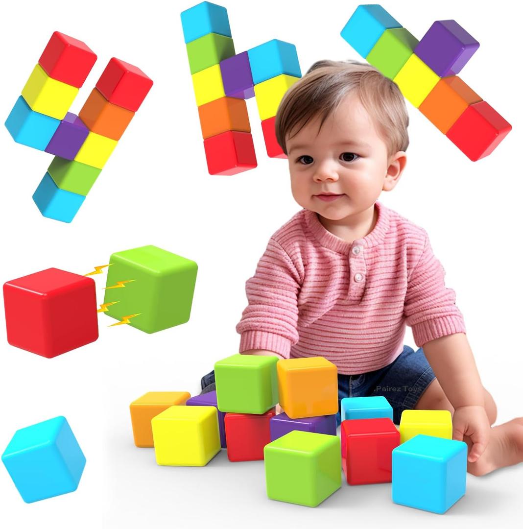 Magnetic Building Blocks Large, 1.65 inch Magnetic Stacking Cubes for Toddlers, Sensory & Montessori Toys for Boys & Girls 1 2 3 Years Old (12 PCS) (Multicolor - 12 Pieces)
