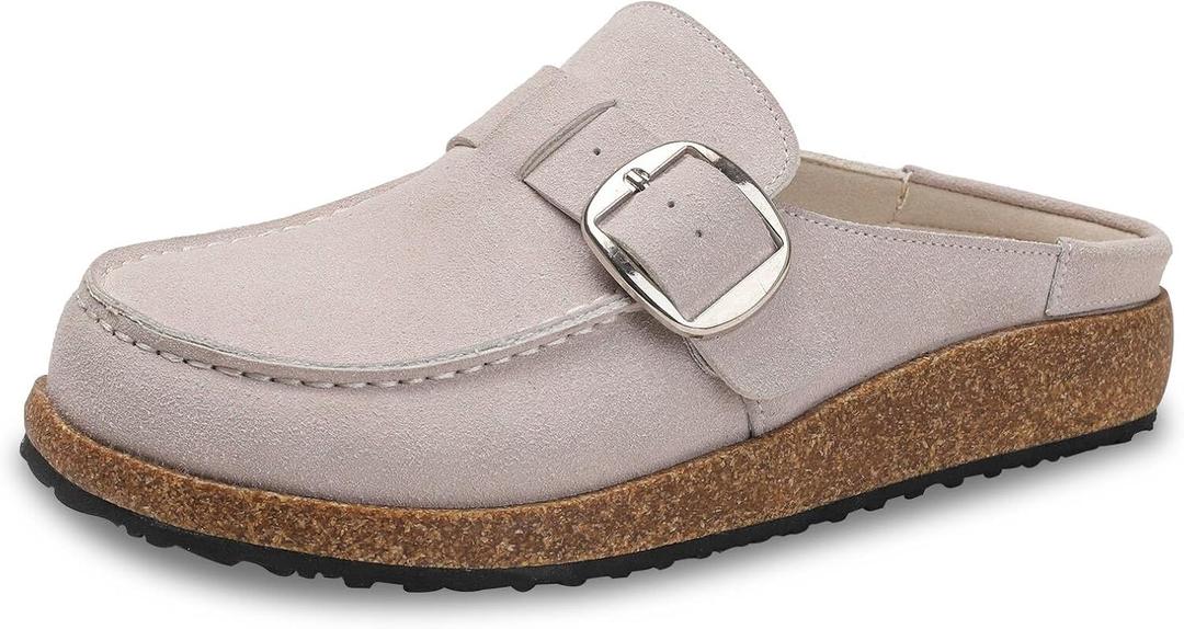 Women Suede Clogs Leather Mules for Women Cork Footbed Sandals Potato Shoes with Arch Support (10, Stone)