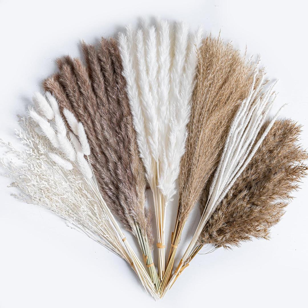 96PCS Natural Dried Pampas Grass Boho Home Decor Bouquet Phragmites Dried Flowers Bouquet for Wedding Floral Arrangements Living Room Decorations (96PCS)
