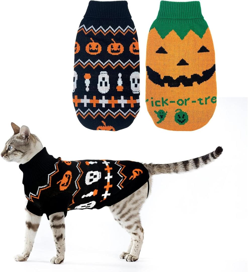 Vehomy 2Pcs Pet Halloween Sweaters Dog Halloween Pumpkin Sweater Kitten Cat Holiday Theme Turtleneck Knitwear Shirt with Pumpkin Skull Patterns Dog Puppy Halloween Costume Clothes for Small Dogs S