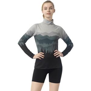 Women's Slim Fit Turtleneck Performance Base Layer - Mountain & Forest Print, Moisture-Wicking Long Sleeve Top (L)