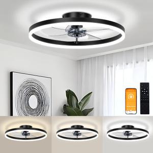 VOLISUN Low Profile Ceiling Fans with Light and Remote,19.7in Fandelier Ceiling Fan with Lights, 3000K-6500K Dimmable Flush Mount LED Fan Light, Black Bladeless Ceiling Fans with Lights for Bedroom