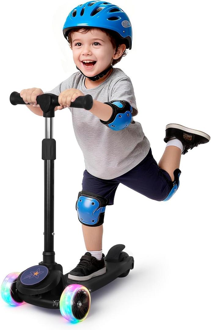 Nattork Kids Scooter for Girls Boys with Light Up Wheels, 3 Adjustable Height Handlebars, Lean-to-Steer Technology, Widen Anti-Slip Deck, 3 Wheel Scooter for kid ages 3-8, Support Riders Up to 110 LBS (Black)
