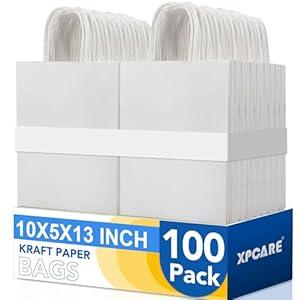 XPCARE White Paper Bags, 100 Packs 10x5x13 Inch Gift Bags with Handles Bulk Paper Bags with Handles Retail Kraft Paper Bag White Gift Bag for Wedding Party Shopping