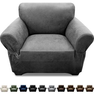 Single Sofa Cover Leather Look Chair Covers for Living Room 1-Piece Sofa Chair Covers with Arms Stretch Furniture Protector with Elastic Bottom & Pockets(Armchair, Grey)