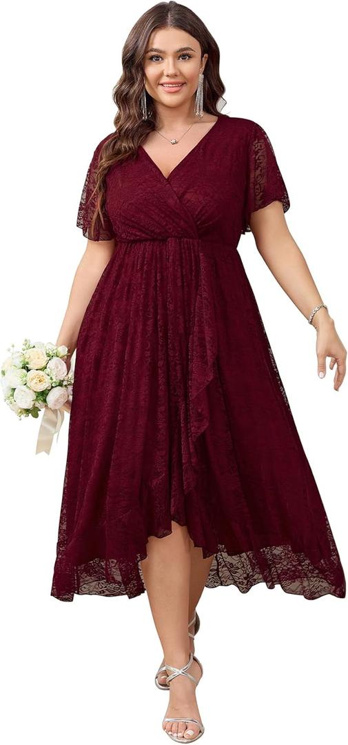 SCOMCHIC Womens Plus Size Wedding Guest Dress Formal Lace Wrap V Neck High Low Short Sleeve Cocktail Maxi Dresses XL-4XL (3X-Large Plus, Burgundy)