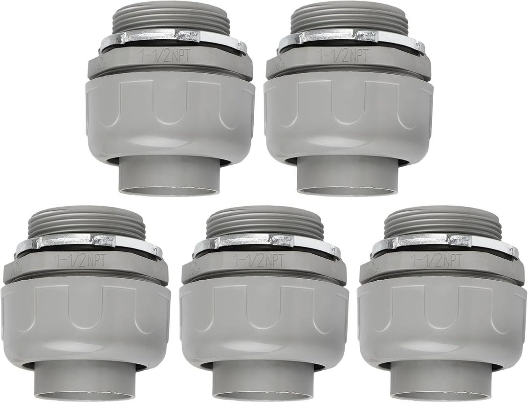 Conduit Connectors, 1-1/2 Inch Liquid Tight Connector NPT Non-Metallic for PVC Electrical Flexible Conduit Fittings, 180 Degree Straight, UL Listed for Home Outdoor Tubes Tools, Grey (5-Pack)