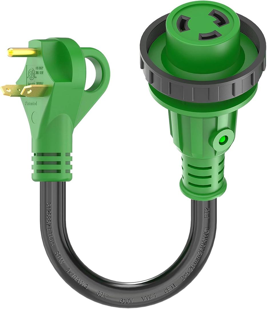 RVGUARD 30 Amp to 30 Amp RV Adapter with Locking Connector 12 Inch, NEMA TT-30P Male to NEMA L5-30R Female Dogbone Electrical Converter with LED Power Indicator, Green