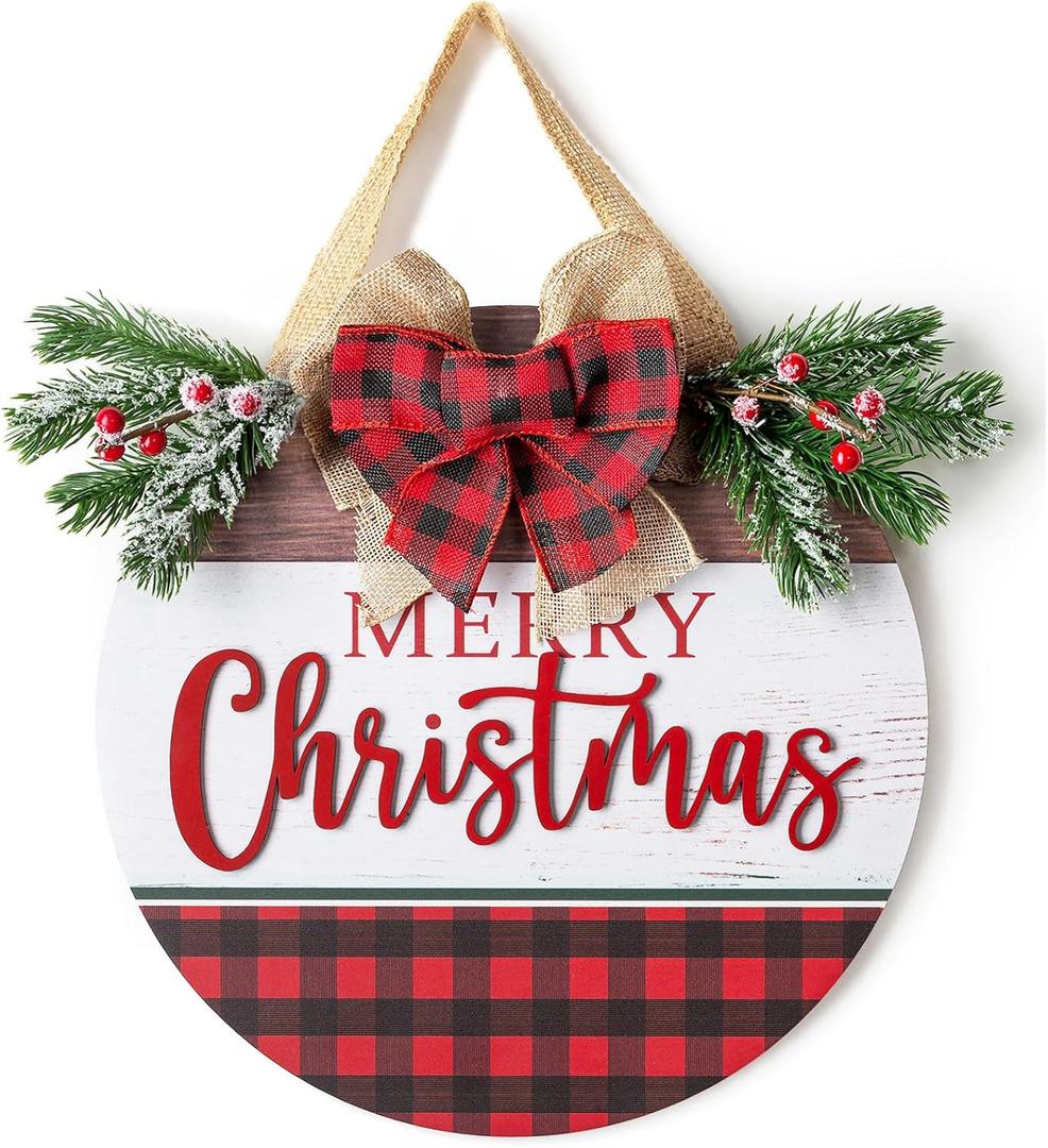 Christmas Sign for Front Door Wall Decor - Walasis Merry Christmas Signs Hanging for Indoor with Buffalo Plaid Bow Farmhouse 12 inch Red Xmas Wreath Hanger Decorations