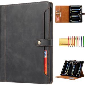 Folio Case for iPad Pro 13 (M4) 2024 7th Gen, TECHCIRCLE Vegan Leather Folding Stand [Built-in Pencil Holder] Soft TPU Back Shell Protective Smart Cover with Card Slots & Pockets, Black