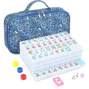 Chinese Mahjong Game Set 146 Qulity Mahjong Blue Tiles 1.4-inch Chinese Mahjong Game Set with Blue Printed Carrying Bag