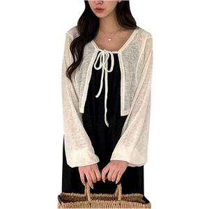 Milumia Women's Tie Front Lantern Long Sleeve Cardigans Knit Lightweight Crop Tops (S)