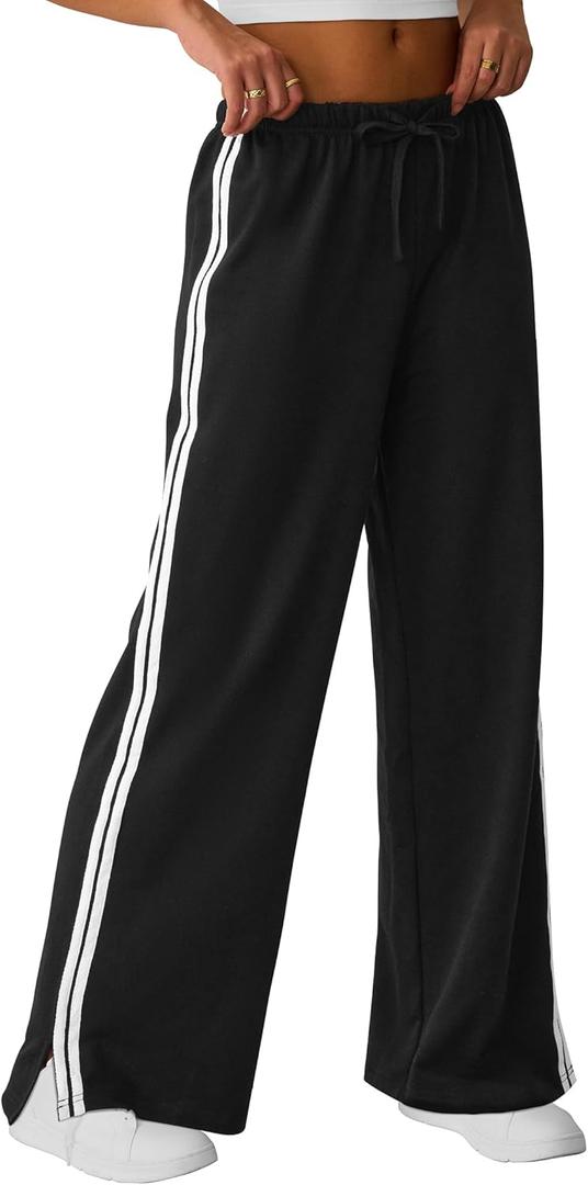 SOFIA'S CHOICE Women's Drawstring Sweatpants Side Stripe Pants Wide Leg Track Pants with Pockets Green-A Small