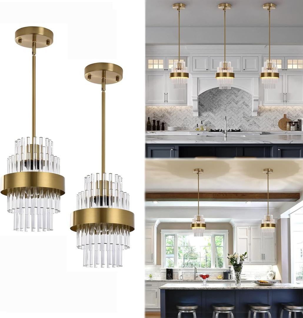 Pendant Light Fixtures, 7inch Modern Glass Pendant Light, 2 Pack Brass Color Kitchen Island Pendant Lights, Height Adjustable Pendant Lighting