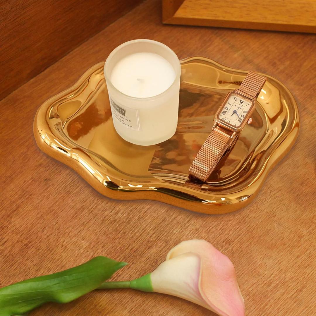 CCINPPY Ceramic Jewelry Tray Trinket Dish, Decorative Cloud Vanity Key Tray for Women, Ring Holder Dish, Cute Jewelry Plate Bowl Room Decor Aesthetic, Gold, Medium (7.7" x 5.3" x 0.6")