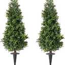 2FT Artificial Boxwood Topiary Trees with Ground Spike, 2 Pack UV Resistant Fake Shrubs Plants, Fake Evergreen Artificial Plant Brush for Indoor Outdoor Front Porch Garden