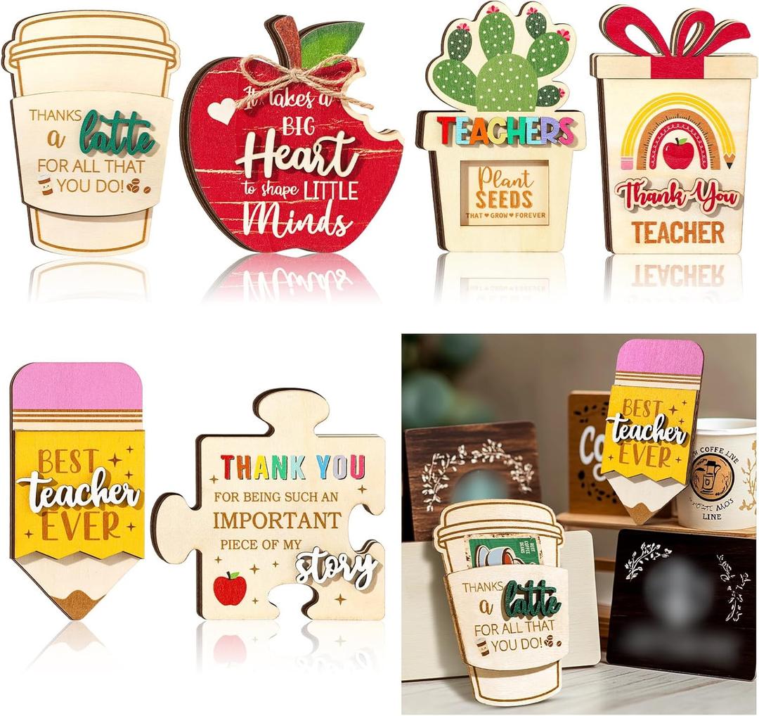 CroBlissful 6 Pack Teacher Appreciation Gifts Card Holder Thanks a Latte Coffee Gift Card Holder Wooden Money Holders Women Men Teachers Thank You Gifts Back to School Party Supplies(Funny)
